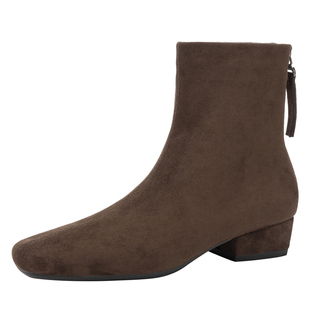 达芙妮粗跟短靴女2026新款春季加绒棕色女士马丁靴法式绒面瘦瘦靴