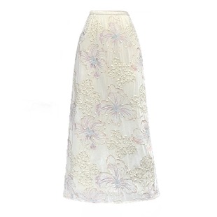 重工刺绣亮片加绒金丝绒半身裙女秋冬2025高级感后开叉直筒裙长裙