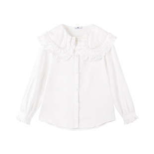 女童水晶珠荷叶边衬衫长袖2023秋甜美可爱气质衬衣百搭上衣