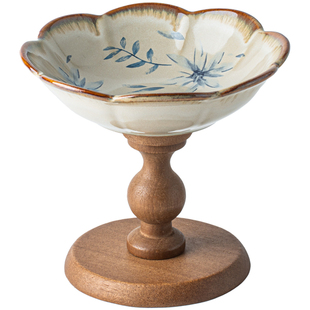 芦苇〖花朵果盘〗高颜值陶瓷水果盘木质高脚盘客厅精致家居点心盘