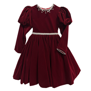 儿童生日礼服红色丝绒花童公主裙女孩钢琴高端演出服女童主持人冬