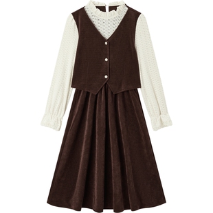 爱居兔假两件长袖连衣裙冬季新款休闲时尚保暖舒适长裙子