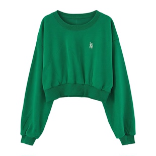 美式绿色高腰短款卫衣女收腰宽松圆领上衣春秋冬薄款加绒2025新款