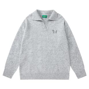 From Mars 头也不回 欧美潮牌复古宽松bf小狗翻领针织衫毛衣男女