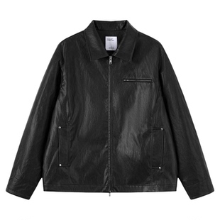 MOSEALAND春秋新款底特律皮夹克休闲男装纯色防风翻领皮质外套男