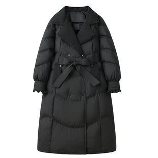 2025新款女装冬季修身收腰长款羽绒服女黑色长过膝外套西装领系带