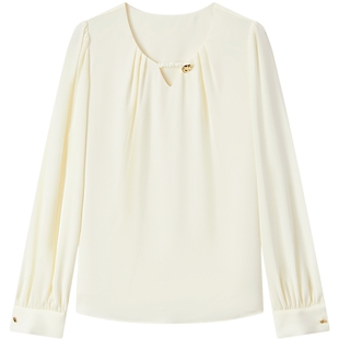 爱居兔法式长袖雪纺女春秋新款气质减龄圆领镂空衬衫上衣