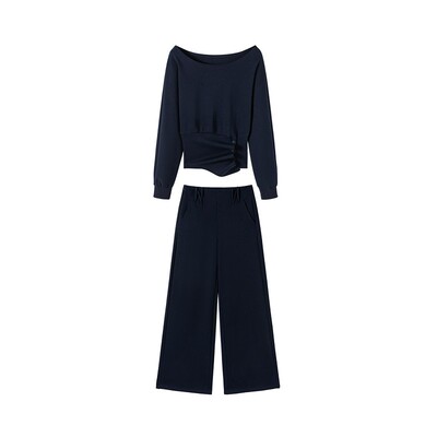 六指导 弗里假日 韩系休闲斜肩卫衣女设计感显瘦通勤直筒裤套装春