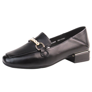 奥康女鞋春秋羊皮中口方头方跟女单鞋黑色皮鞋乐福鞋踩倒跟两穿鞋