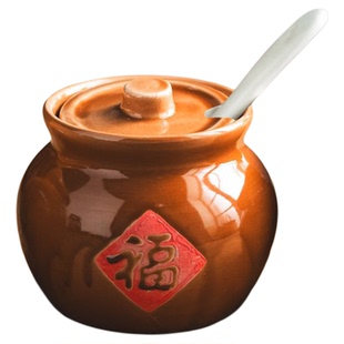 小盐罐老式调料罐陶罐盐罐陶瓷调味罐家用辣椒油罐复古陶土罐子