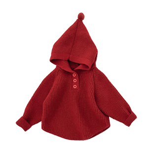 女宝宝冬季新年毛衣套装女童加厚保暖连帽针织衫婴儿加绒喇叭裤子