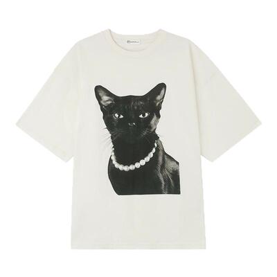 PAPERLLL辛间 暗黑CAT 休闲纯棉猫咪印花短袖T恤百搭宽松上衣女