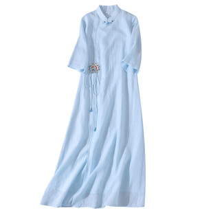中国风春夏新款中式复古立领绣花浅蓝色禅意茶服长裙纯苎麻连衣裙