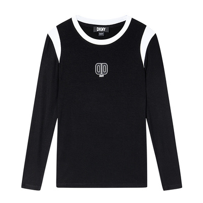 DKNY唐可娜儿2025新款logo绣花圆领长袖正肩黑白撞色拼接T恤女