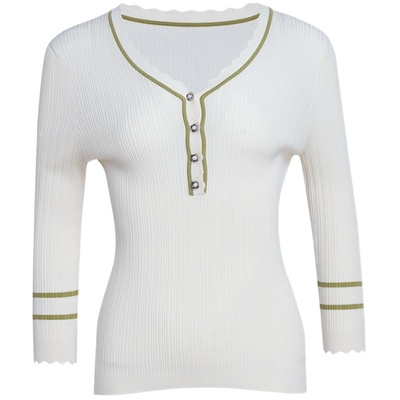 套头针织衫花边撞色V领