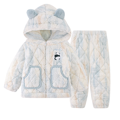 加厚珊瑚绒男童卡通连帽家居服冬