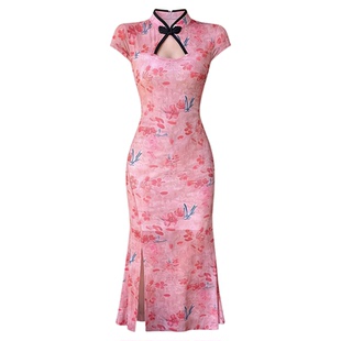 新中式短袖改良旗袍裙名媛气质优雅网纱性感无袖显瘦中长裙连衣裙