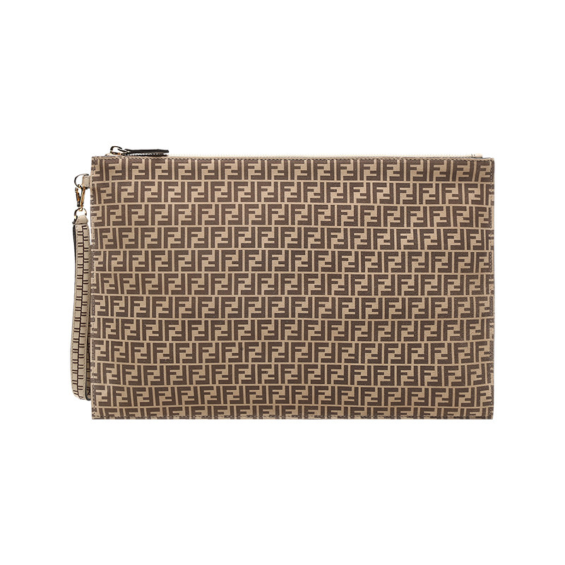 【自营】FENDI/芬迪 女款大号牛皮革FF拉链手拿包米色 8N0178