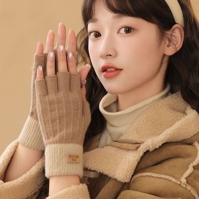 手套女冬季可爱可触屏开车半指韩系骑行加厚保暖学生写字女生冬天