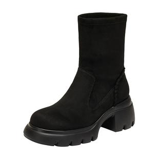 思加图2025新款百搭弹力靴黑色瘦瘦靴中靴厚底加绒女靴子Y2563DZ5