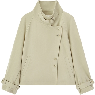 爱居兔卡其绿立领短款风衣女2025年秋季新款设计感廓形休闲外套