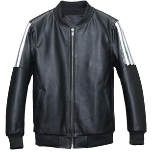 头层牛皮真皮皮衣男修身短款青年运动休闲棒球服夹克外套白条岑