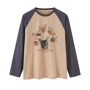 DIDDIMODA 金币猫咪插肩袖撞色宽松圆领插肩袖T恤长袖早秋上衣
