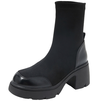 康莉厚底弹力靴圆头瘦瘦靴