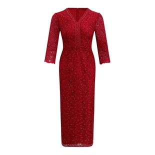 黛玛诗优雅女神范红色宴会婚礼蕾丝钉珠显瘦礼服V领H型连衣裙女