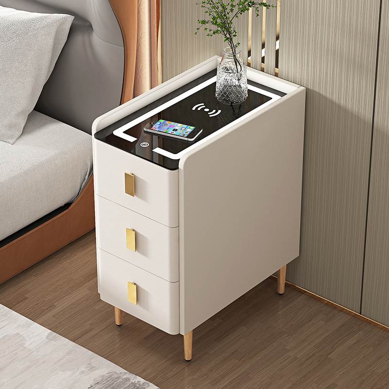 超窄智能床头柜实木简约现代无线充电带灯边柜小型三抽家用储物柜