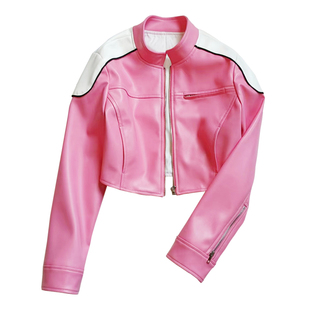 张元英短款粉色皮衣连衣裙套装爵士舞打歌服街舞表演服路演舞蹈服