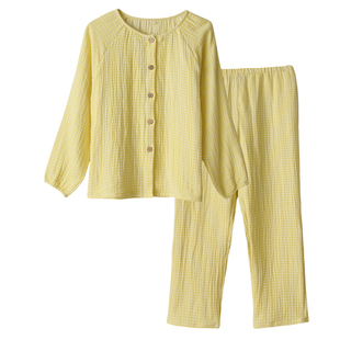 柠檬格纹云朵感睡衣女春秋季纯棉四层纱布宽松长袖开衫家居服套装