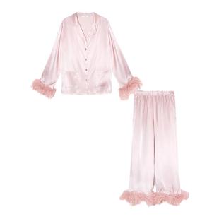 春夏款送闺蜜高级感冰丝睡衣女羽毛袖气质鸵鸟毛长袖家居服礼盒装