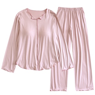 防凸点带胸垫莫代尔睡衣女款春秋夏季罩杯一体长袖薄款家居服套装