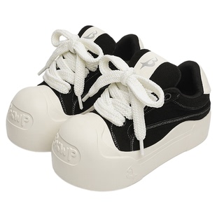 BXWP小泡芙开口笑经典黑色麂皮厚底增高鞋国潮大头低帮面包鞋男女