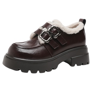 星期六真皮雪地靴女款冬季保暖厚底增高乐福鞋女士JK制服黑色鞋