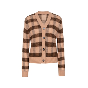 XG雪歌深咖色格纹长袖毛针织衫2025冬季新款宽松直筒毛衣开衫女装