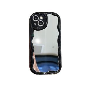银色电镀亚克力镜面适用于iphone15手机壳16proMAX奶油纹14plus补妆镜子苹果13硅胶保护套12波浪边个性简约女