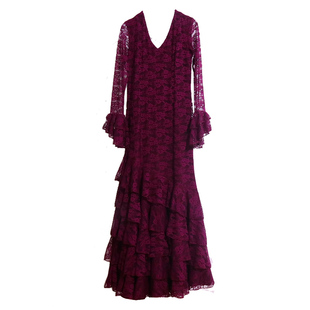 定制西班牙弗拉门戈练习演出服Flamengo热销V领蕾丝连衣舞裙DTT78