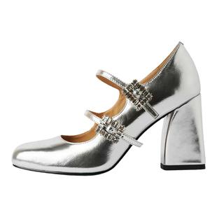 法式银色小个子高跟鞋女2025年水钻一字带粗跟方头玛丽珍浅口单鞋