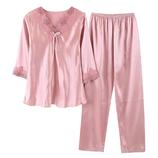 春秋款女睡衣夏季套装冰丝质长袖女装薄款性感七分袖加大码家居服