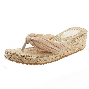 沙滩拖鞋女夏时尚海边外穿草编夹脚松糕厚底中跟人字拖女防滑平底