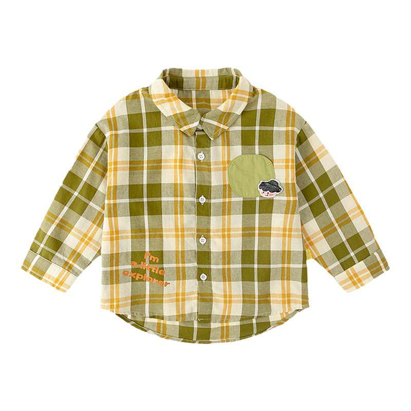 宝宝纯棉格子衬衫休闲男童衬衣百搭秋款女童白色上衣卡通儿童衣服