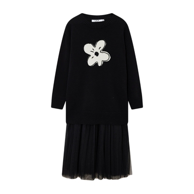 LILY冬新款女装设计感两件套提花绵羊毛针织衫网纱吊带连衣裙