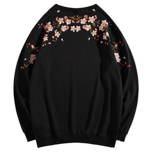 秋冬加厚加绒大码国潮外套潮牌oversize梅花圆领刺绣卫衣嘻哈衣服