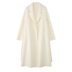 白色双面山羊绒大衣女羊毛2024新款秋冬高级感系带中长款毛呢外套