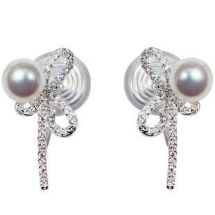 甜美气质珍珠丝带蝴蝶结耳钉微镶闪锆无洞一体式蚊香盘耳夹女耳饰