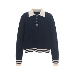 wana try100%绵羊毛撞色领polo衫2025春季新款时髦绞花针织上衣