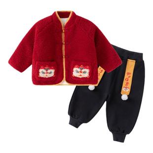 嘟嘟家童装宝宝套装男童红色喜庆外套新年款裤子两件套儿童冬装女