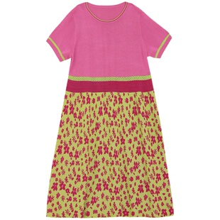 阁兰秀2025夏季新款提花针织连衣裙短袖圆领层次感撞色A字裙女装